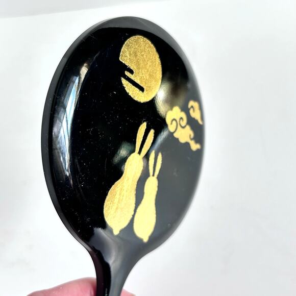 Black and Gold Lusterware 4" Handheld mirror with Gold Bunnies Moon Clouds - Picture 2 of 4
